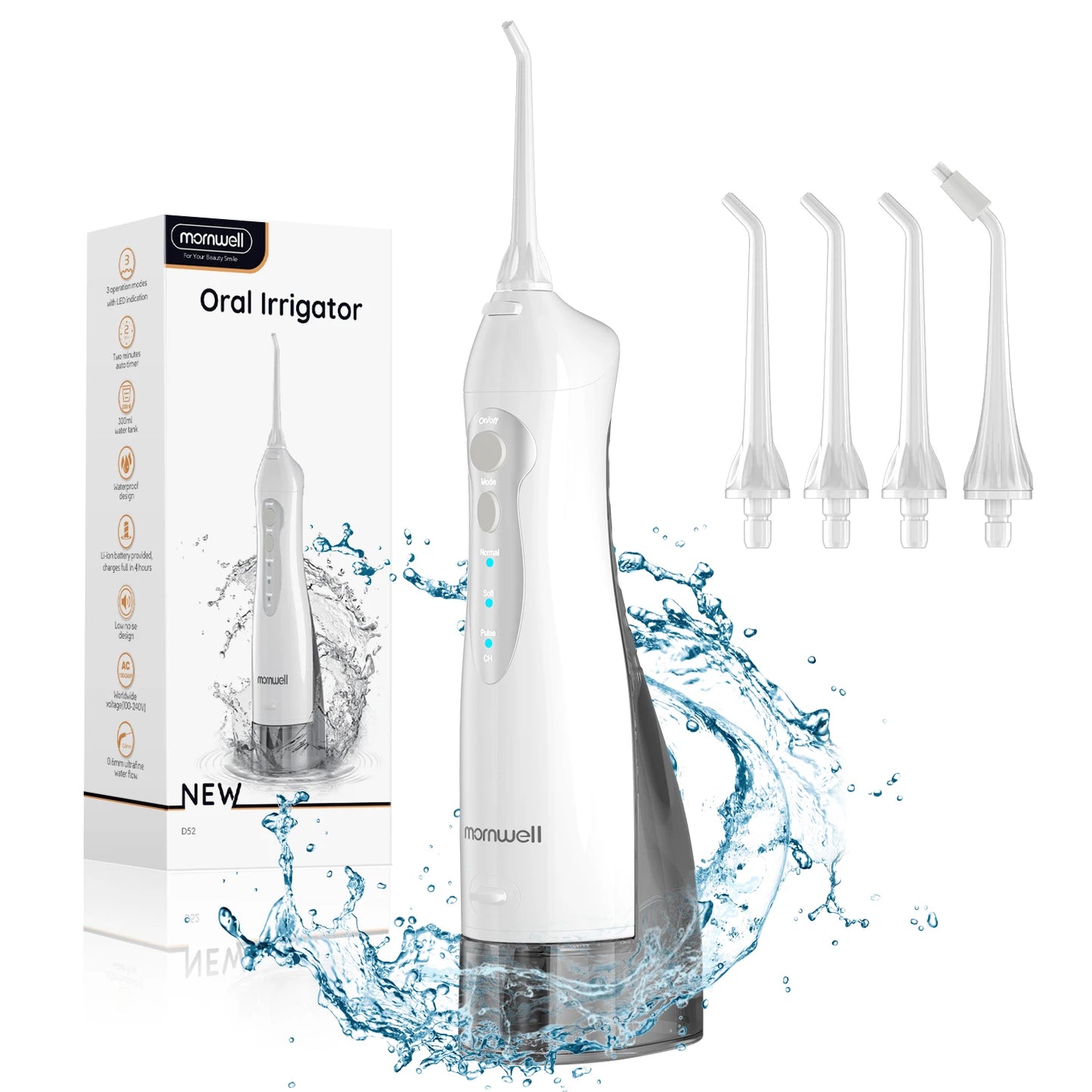 Oral Irrigator D52 Portable Dental Water Flosser USB Rechargeable Water Jet Floss Tooth Pick 4 Jet Tip 220Ml 3 Modes Teeth Clean